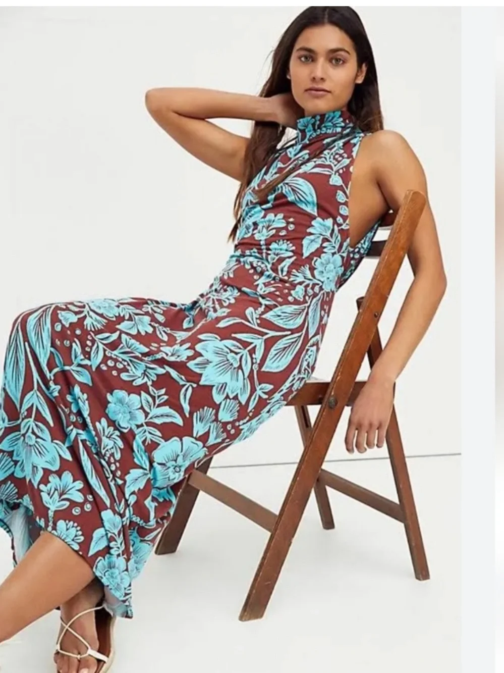 Free People Time to Shine Brown & Aqua Floral Halter Maxi Dress Size XS